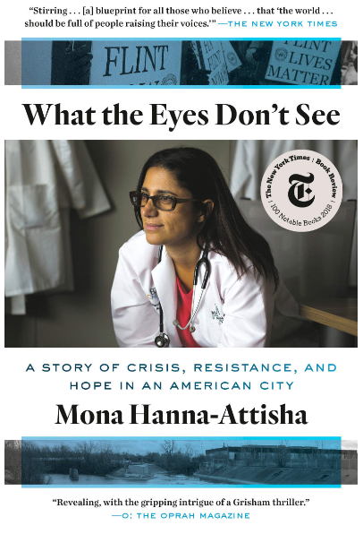 Cover of What the Eyes Don't See, photo of doctor and street in Flint, Michigan on a white and blue background